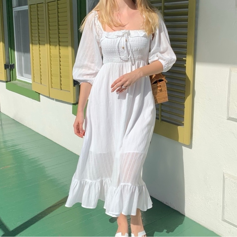 Mura Boutique White Smocked Square-Neck Midi Dress